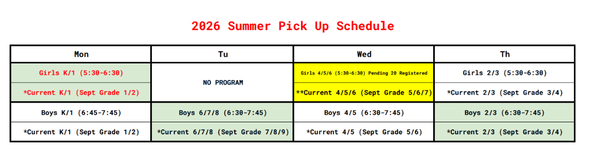 2026 MYB Summer Pick Up Schedule